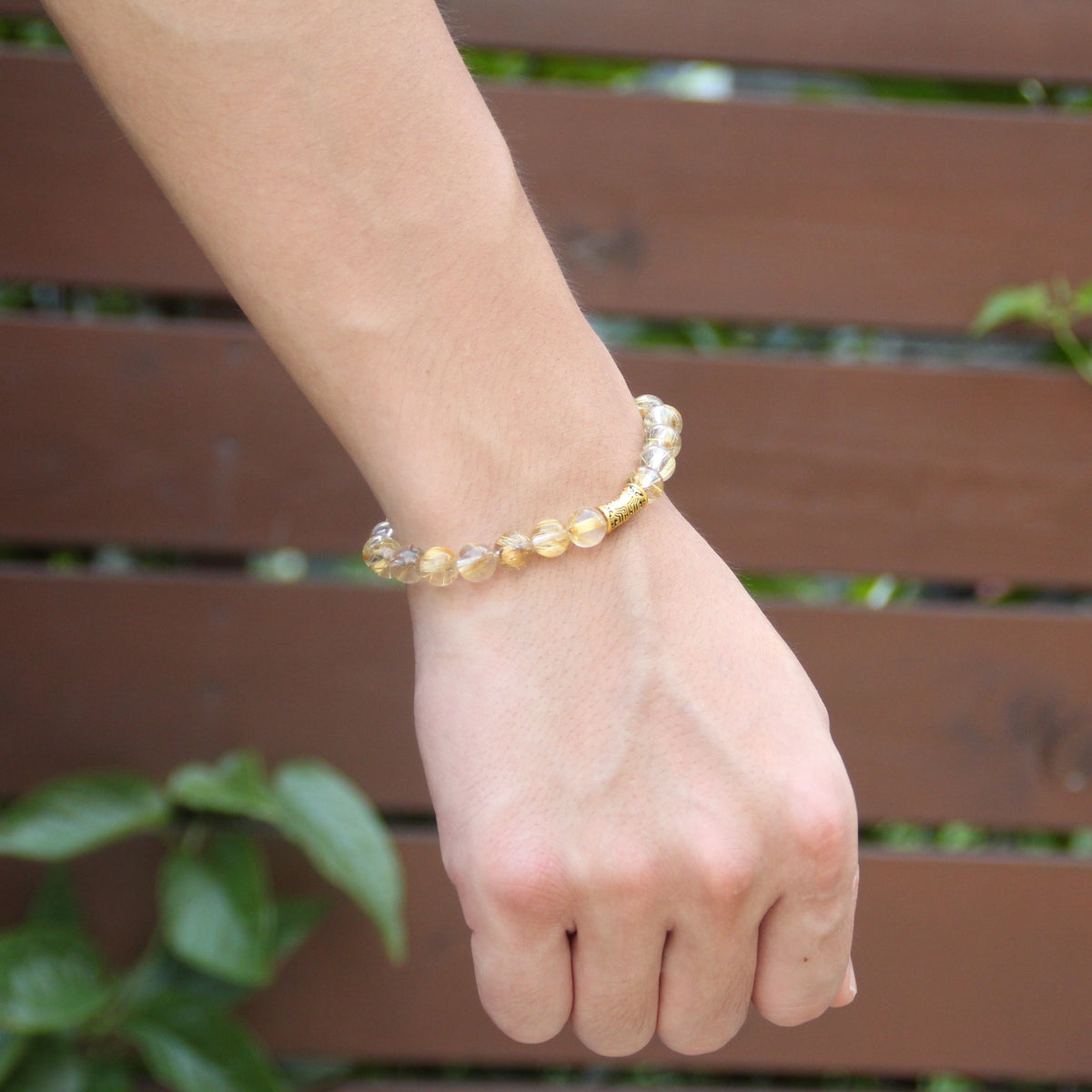 24K Taotie bracelet with gold rutilated quartz and clear quartz