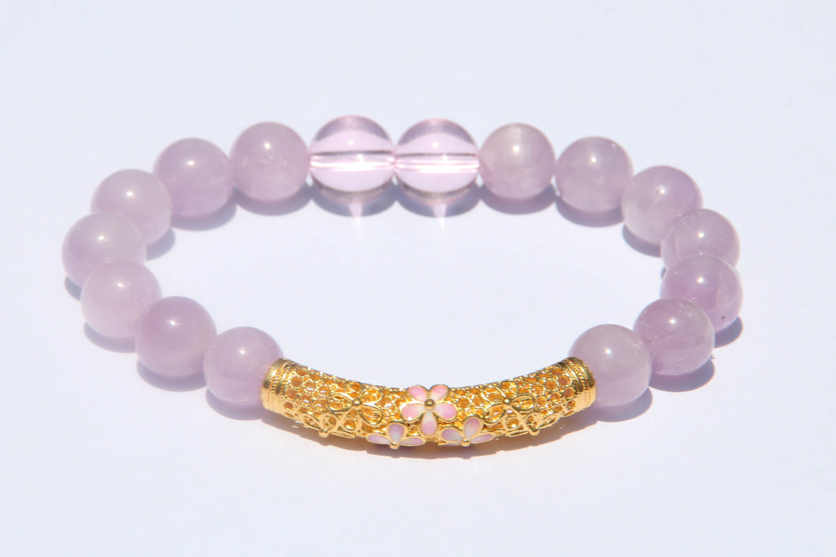 24K Gold Lotus – Rose Quartz& Kunzite Bracelet (Fortune & Love)