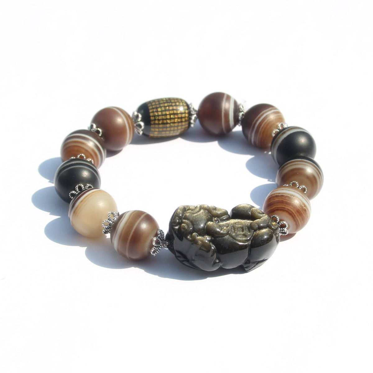 Pixiu Protection – Striped Agate & Heart Sutra Bracelet