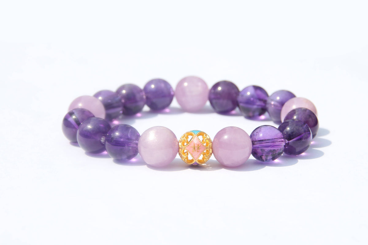 24K Gold Good Fortune Bead Bracelet – Amethyst & Kunzite