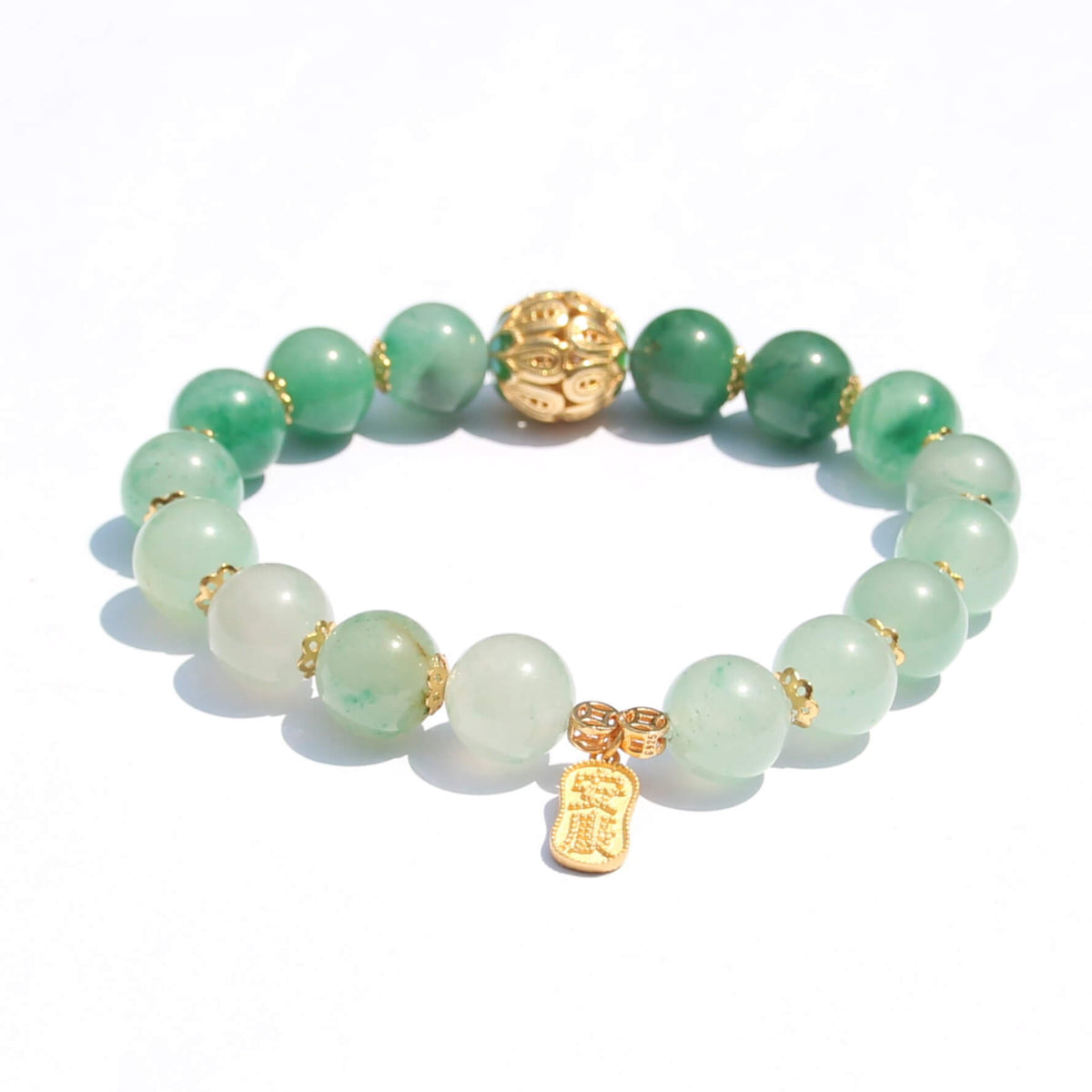 African Jade Lotus Bracelet – Gold-Plated 925 “喜乐安康” Bead
