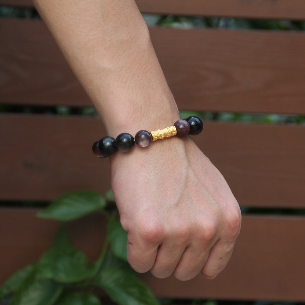24K Gold Dragon Pillar Bracelet– Gold-Silver Obsidian & Mica
