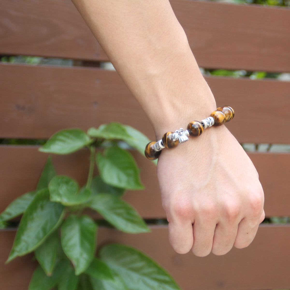 Tiger’s Eye bracelet with 925 silver twin-lotus charm and Heart Sutra bead