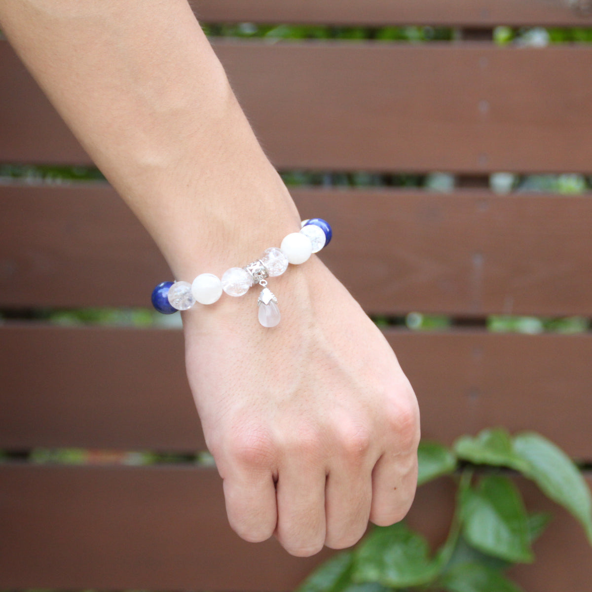 White Phantom quartz and lapis bracelet with 925 Five Emperors coin accents