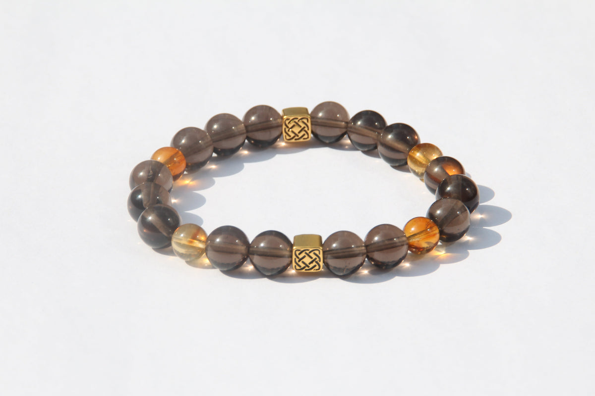 24K Gold Guardian Box bracelet with 8mm Golden Tower quartz and 10mm smoky quartz