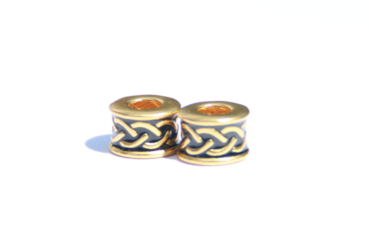 24K gold barrel bead with endless-knot motif, black enamel detailing