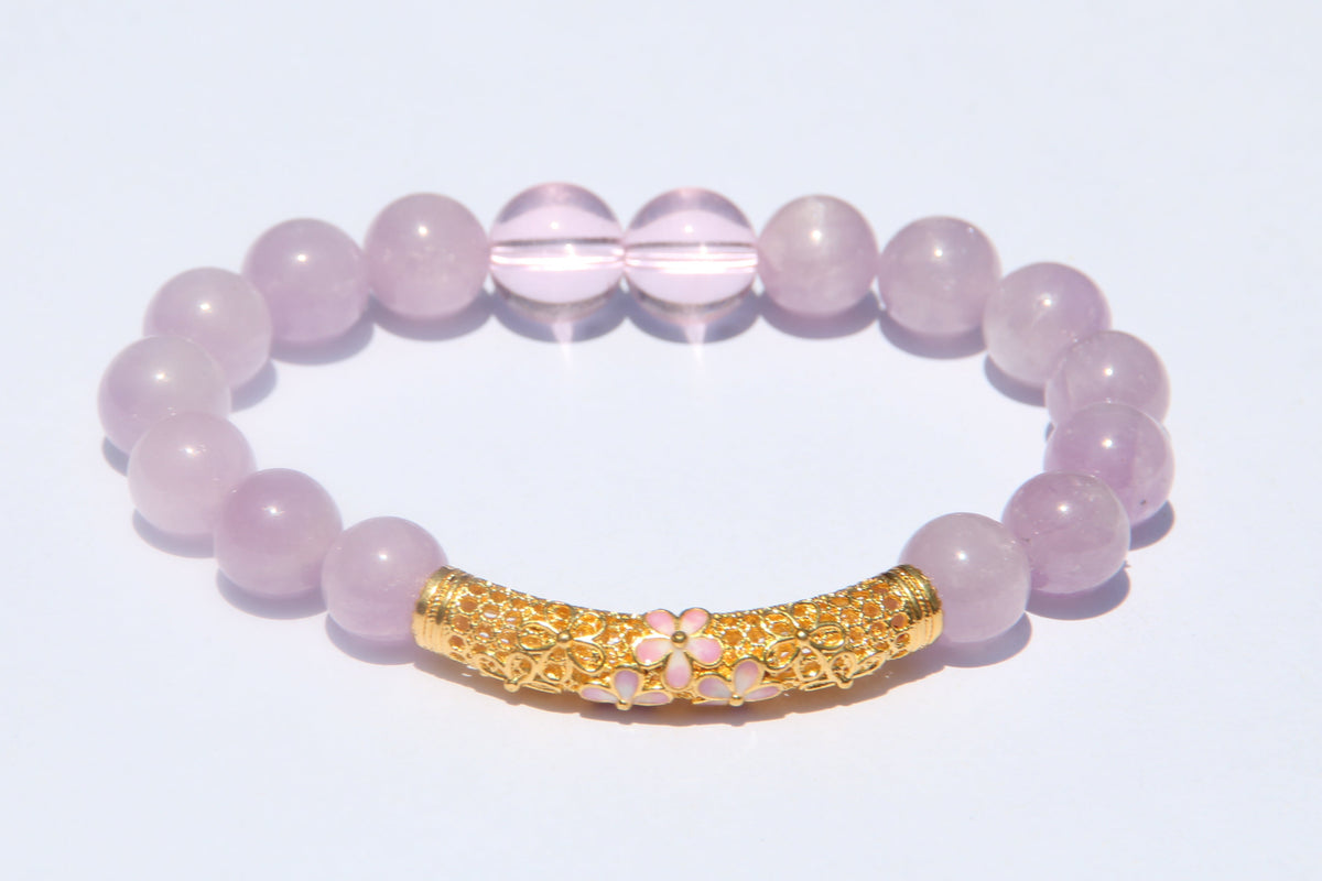 24K gold lotus bracelet with 10mm rose quartz and 8mm kunzite (Fortune & Love)