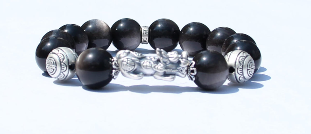 Pixiu Wealth Guardian Bracelet – Gold & Silver Sheen Obsidian with Ruyi Bead