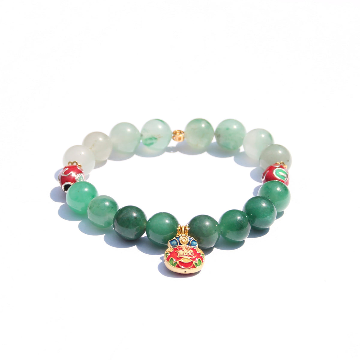 African jade bracelet with gold-plated 925 silver fortune pouch and enamel accents
