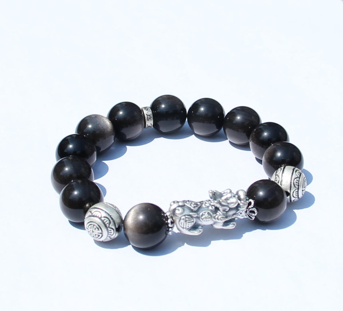 Pixiu Wealth Guardian Bracelet – Gold & Silver Sheen Obsidian with Ruyi Bead