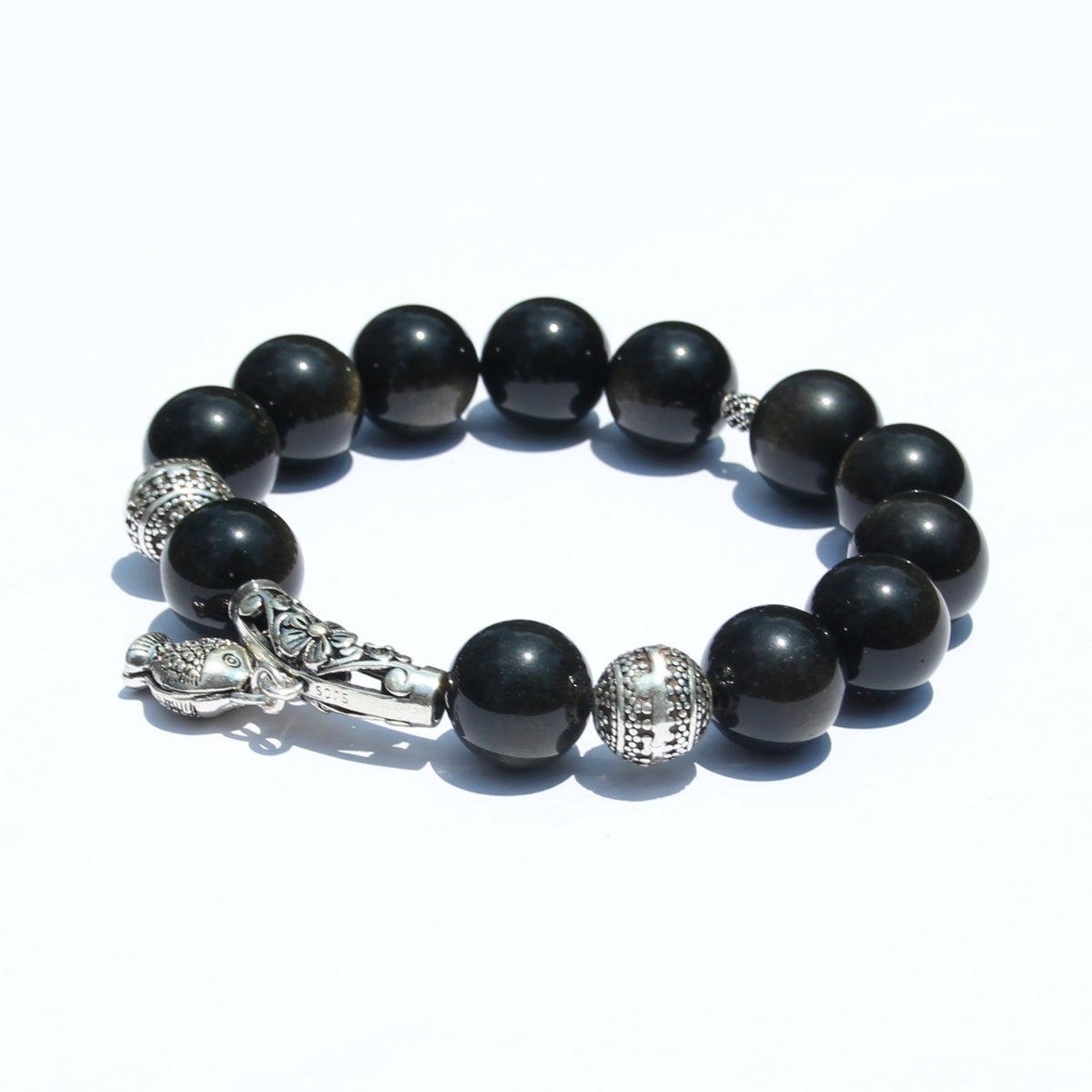 Golden obsidian bracelet with 925 sterling silver leaping fish and Ruyi bead