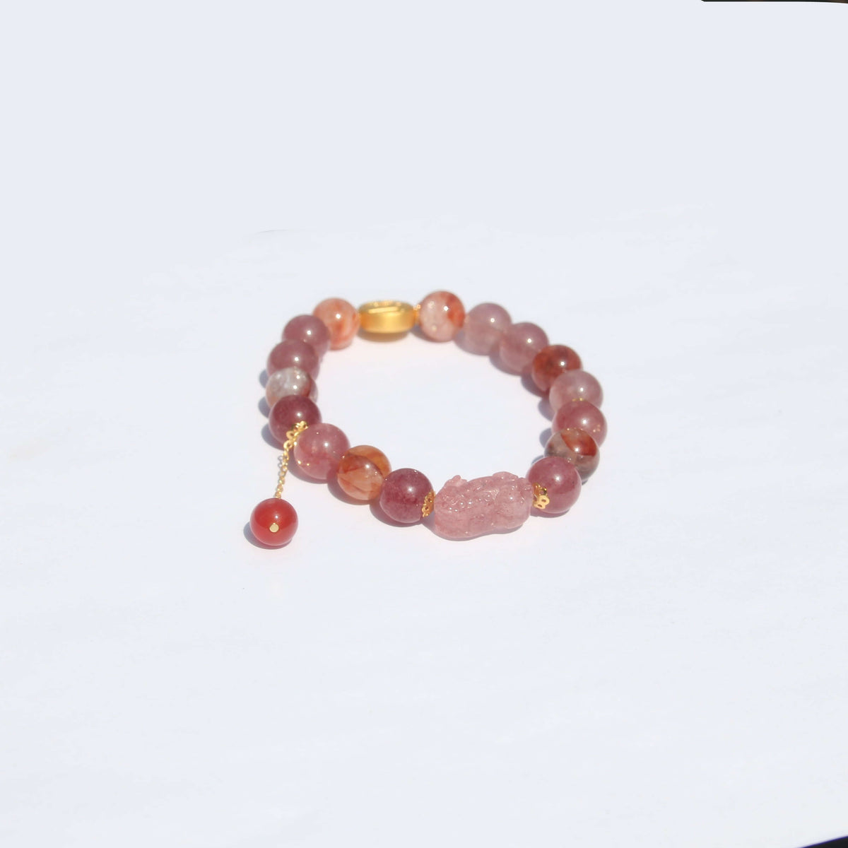 Pixiu & Five Wealth Deities – Mica “Pigeon-Blood” Bracelet (925 Silver)