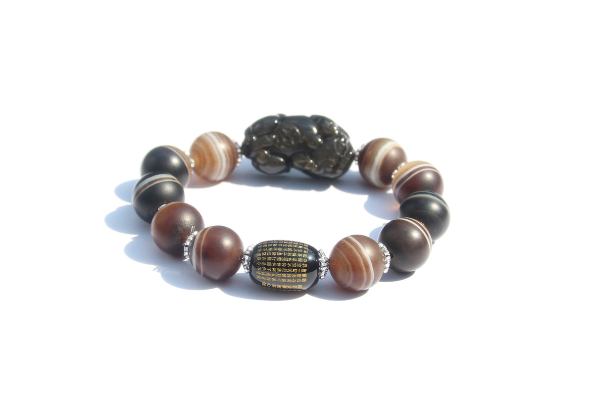 Striped agate bracelet with black obsidian Pixiu and Heart Sutra bead