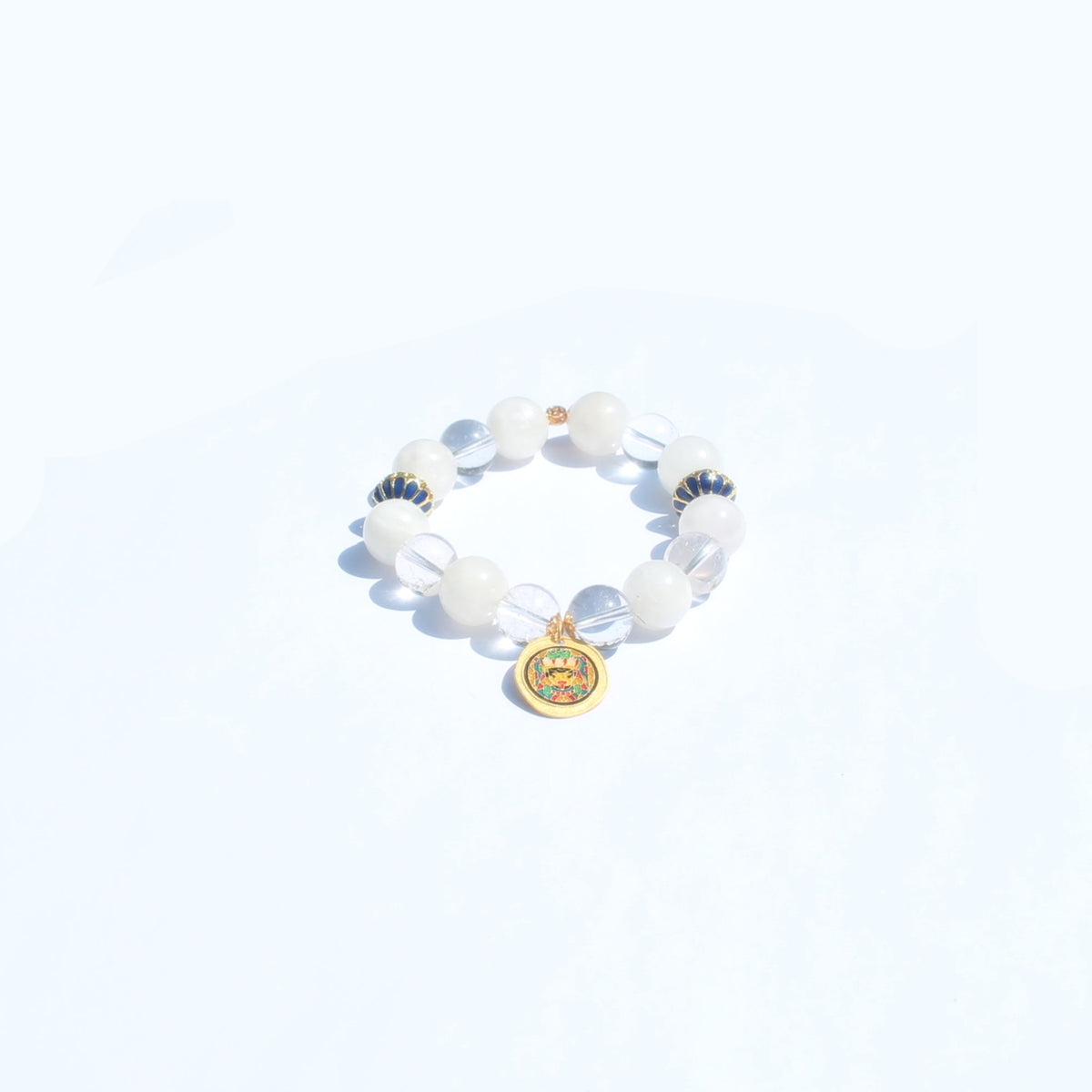 White Phantom and clear quartz bracelet with gold-plated 999 silver Doumu and Five Emperors coin accents